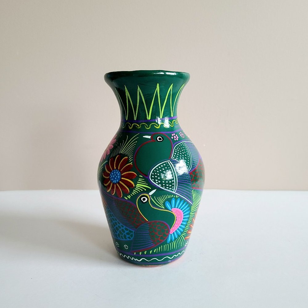 Hand-Painted Green Folk Art Ceramic Vase with Bird Motif - Picture 2 of 5